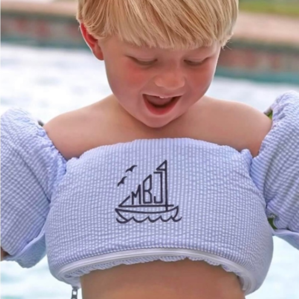 Striped seersucker sky blue puddle jumper cover - Smocked Auctions NWT